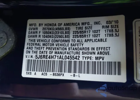 2010 Honda Cr-V Ex-L from USA, damaged, VIN 5J6RE4H71AL045542